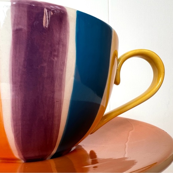 Vintage Hand Painted Cabana Stripes Cup & Saucer Set of 2 Canhome Thailand - Picture 12 of 13